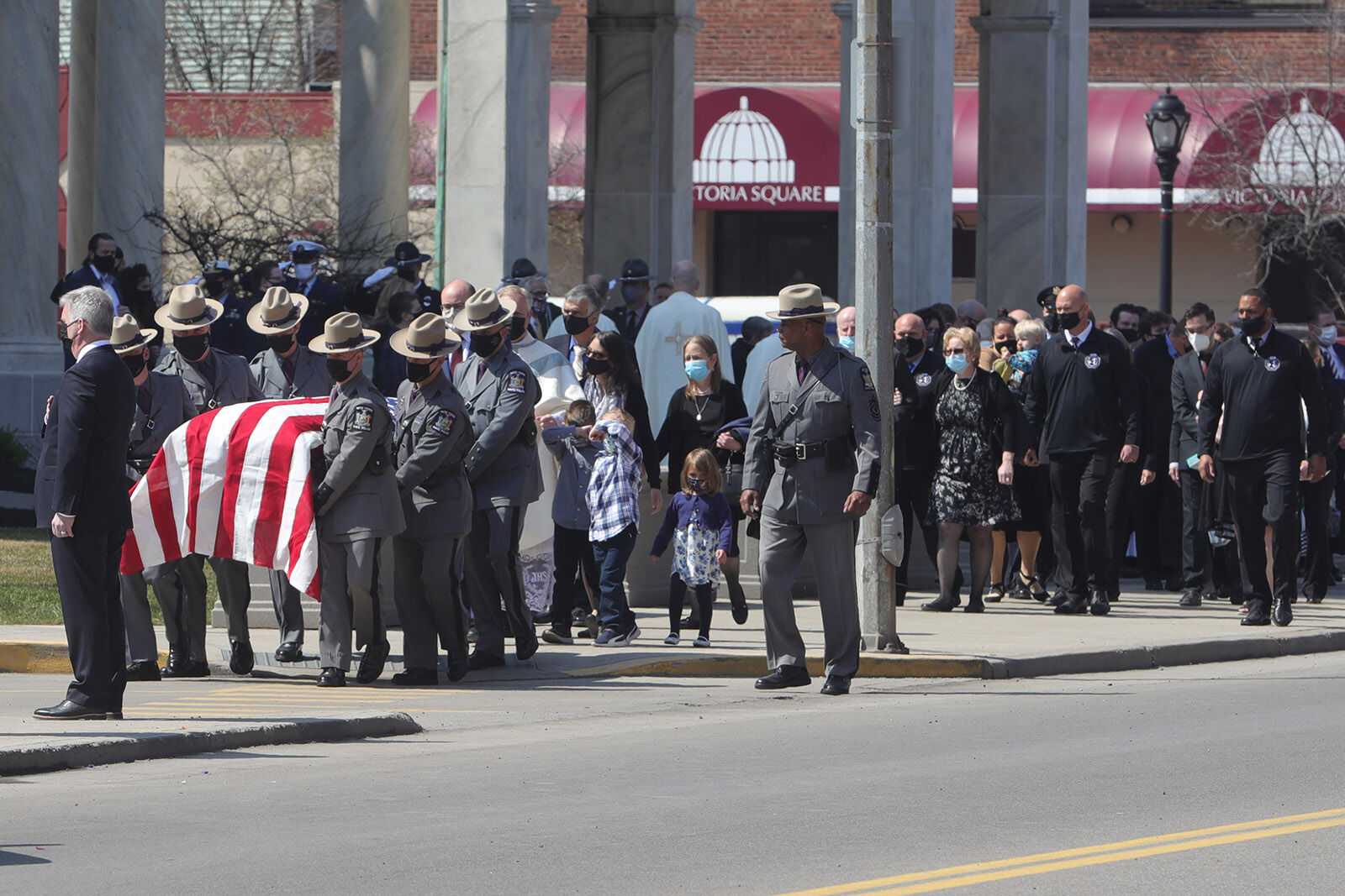 Trooper Gallagher's casket leaves the Basilica